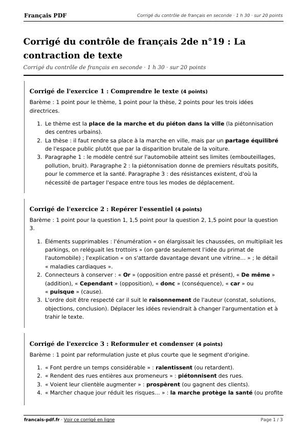 Corrigé du contrôle de français 2de n°19 en PDF