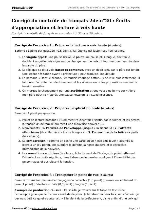 Corrigé du contrôle de français 2de n°20 en PDF
