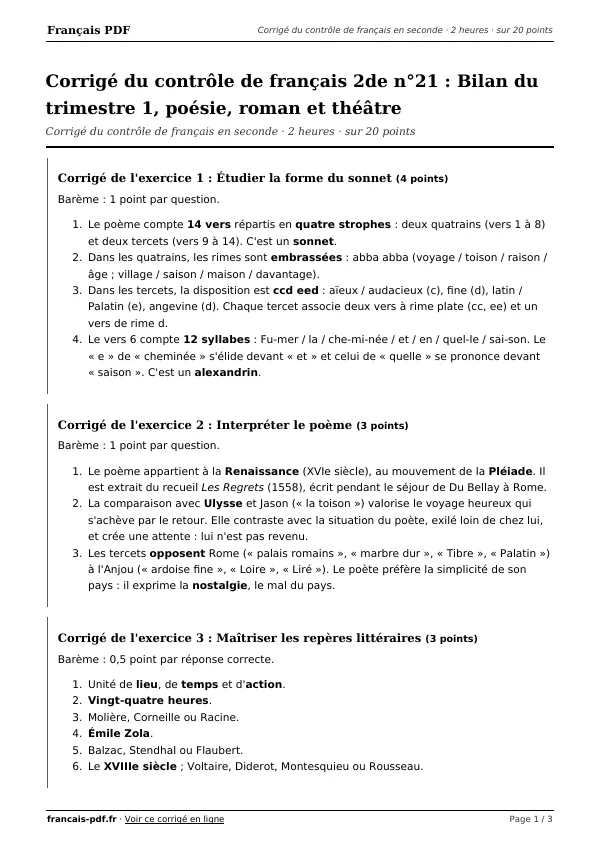 Corrigé du contrôle de français 2de n°21 en PDF