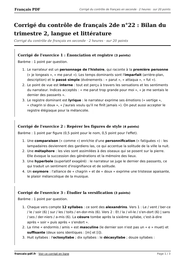 Corrigé du contrôle de français 2de n°22 en PDF