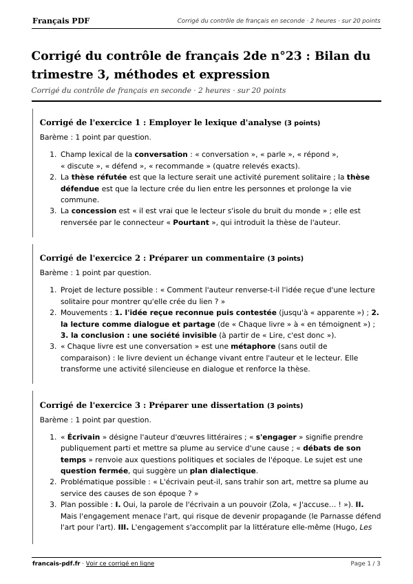 Corrigé du contrôle de français 2de n°23 en PDF