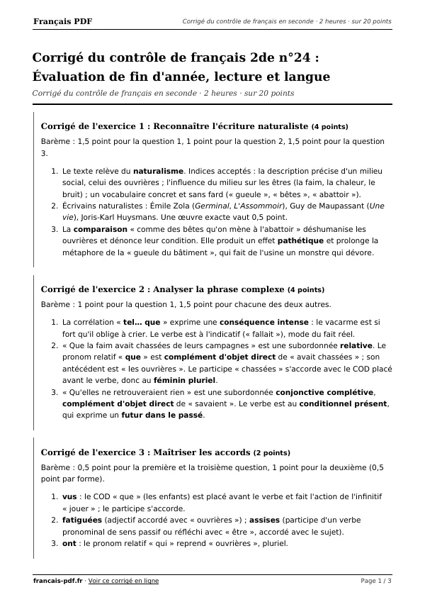 Corrigé du contrôle de français 2de n°24 en PDF