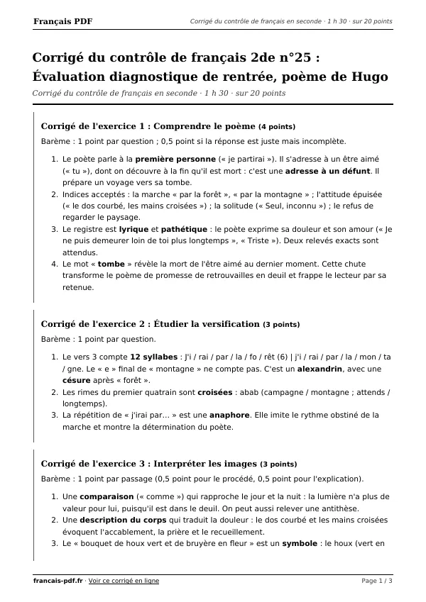 Corrigé du contrôle de français 2de n°25 en PDF