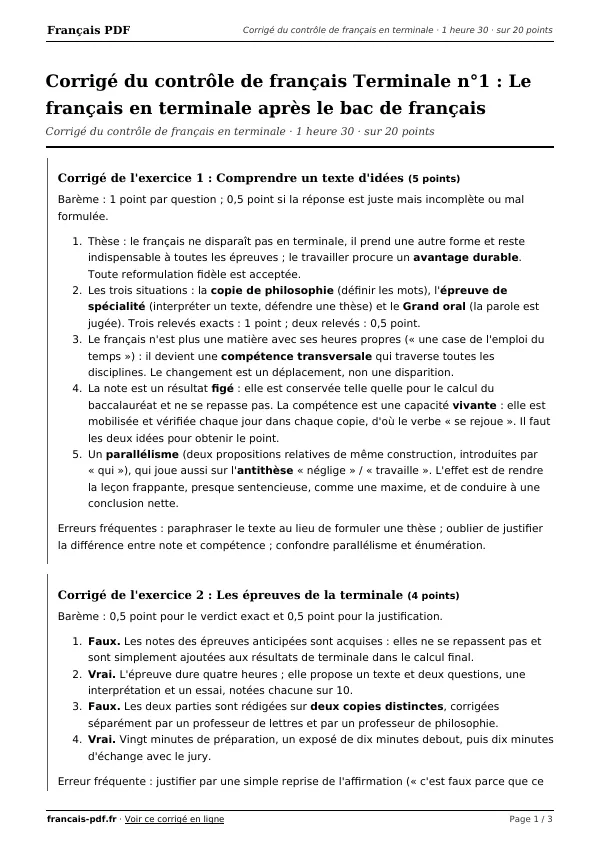 Corrigé du contrôle de français Terminale n°1 en PDF