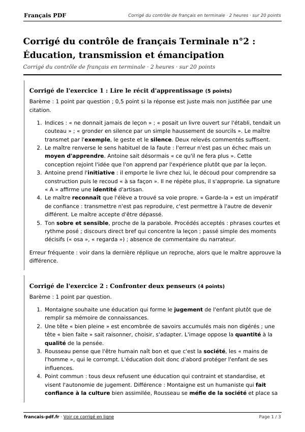 Corrigé du contrôle de français Terminale n°2 en PDF