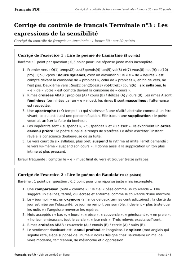 Corrigé du contrôle de français Terminale n°3 en PDF