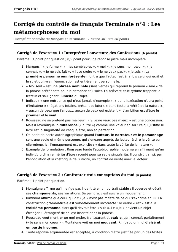 Corrigé du contrôle de français Terminale n°4 en PDF