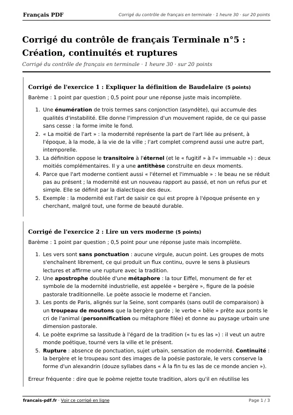 Corrigé du contrôle de français Terminale n°5 en PDF
