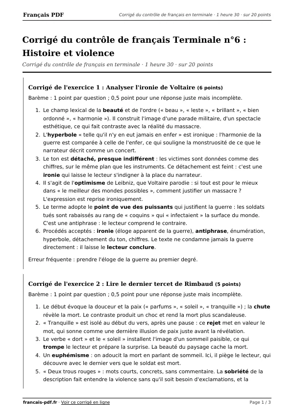Corrigé du contrôle de français Terminale n°6 en PDF