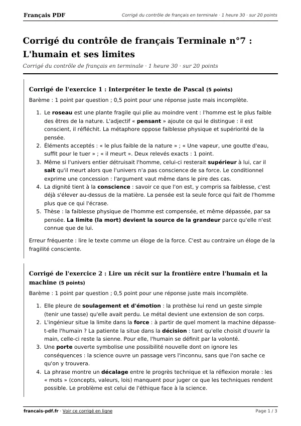 Corrigé du contrôle de français Terminale n°7 en PDF