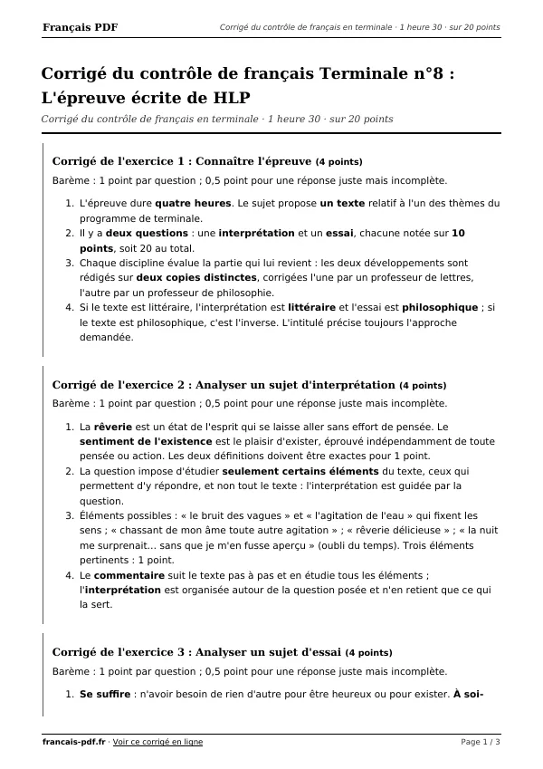 Corrigé du contrôle de français Terminale n°8 en PDF