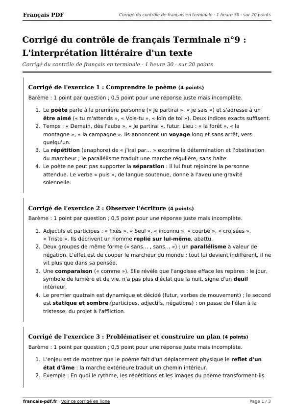 Corrigé du contrôle de français Terminale n°9 en PDF