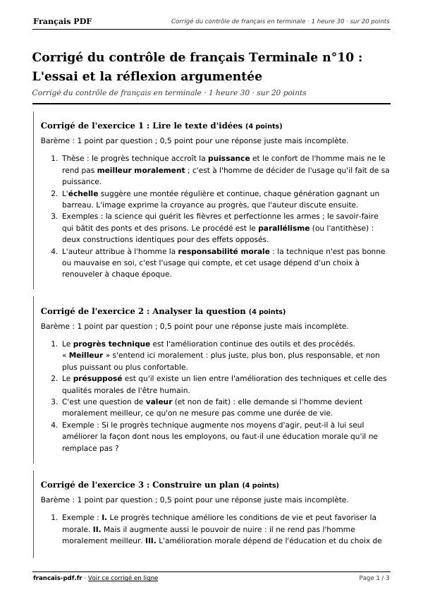 Corrigé du contrôle de français Terminale n°10 en PDF