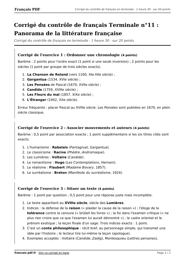 Corrigé du contrôle de français Terminale n°11 en PDF