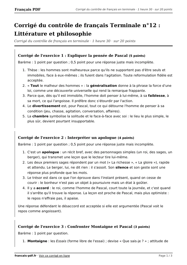Corrigé du contrôle de français Terminale n°12 en PDF