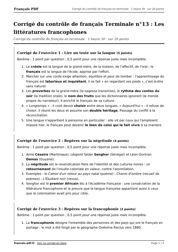 Corrigé du contrôle de français Terminale n°13 en PDF
