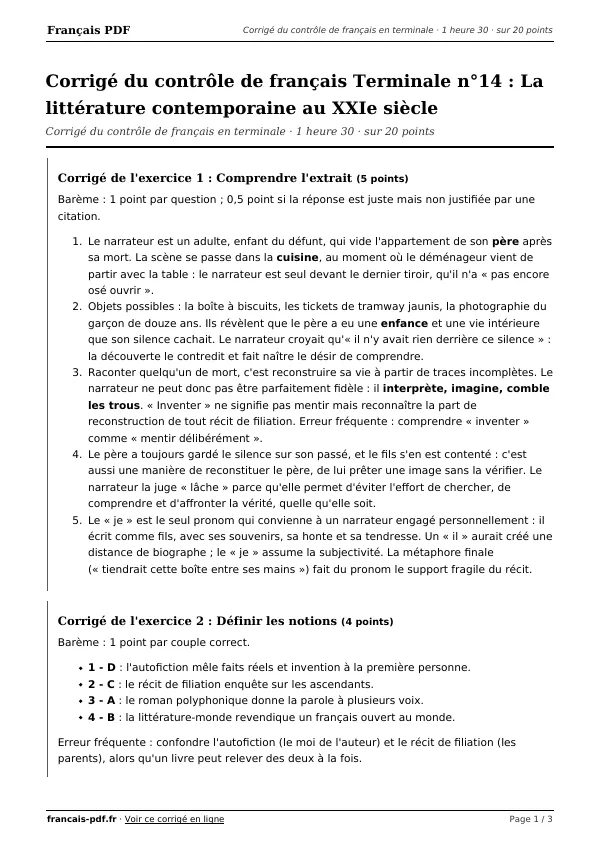 Corrigé du contrôle de français Terminale n°14 en PDF