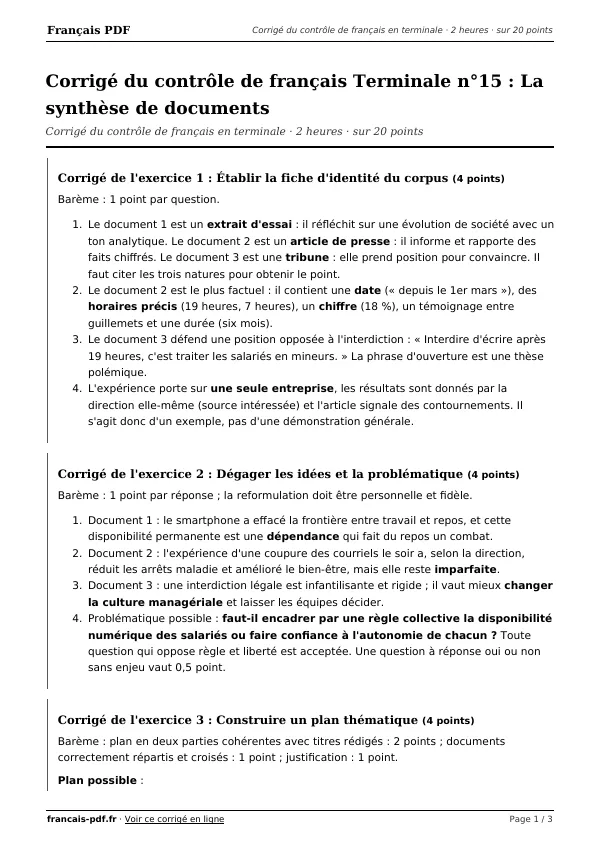 Corrigé du contrôle de français Terminale n°15 en PDF