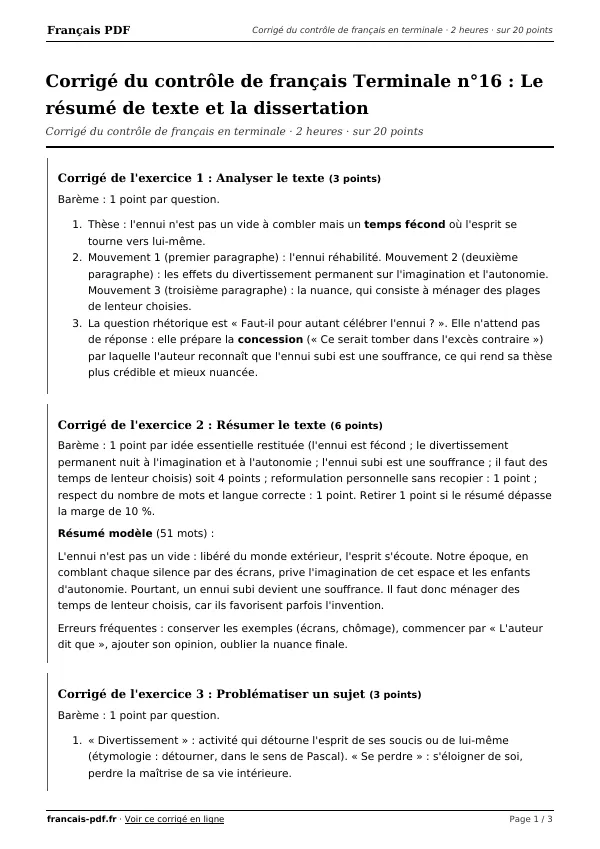 Corrigé du contrôle de français Terminale n°16 en PDF