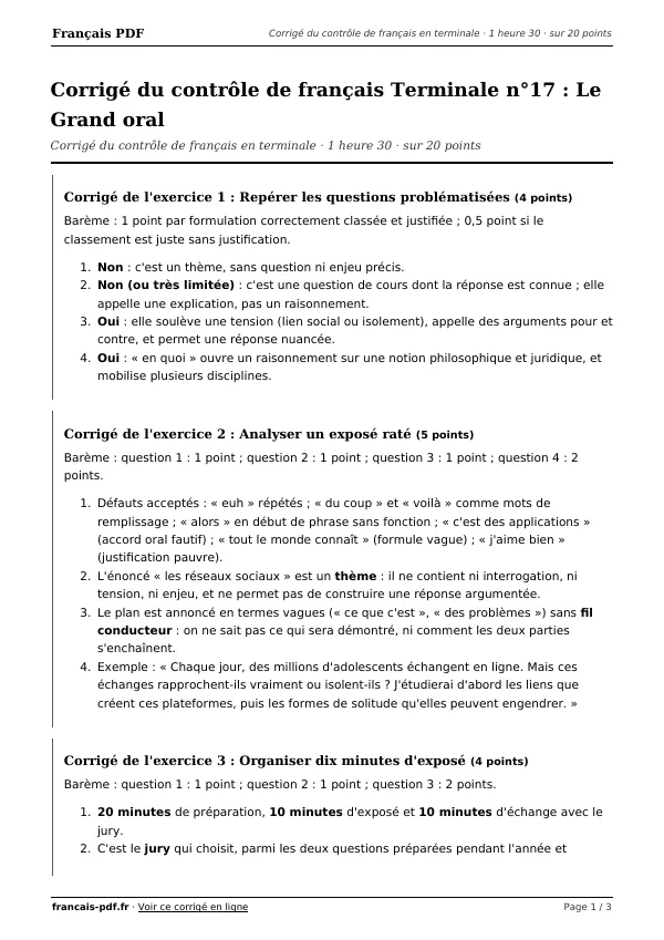 Corrigé du contrôle de français Terminale n°17 en PDF