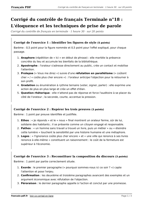 Corrigé du contrôle de français Terminale n°18 en PDF