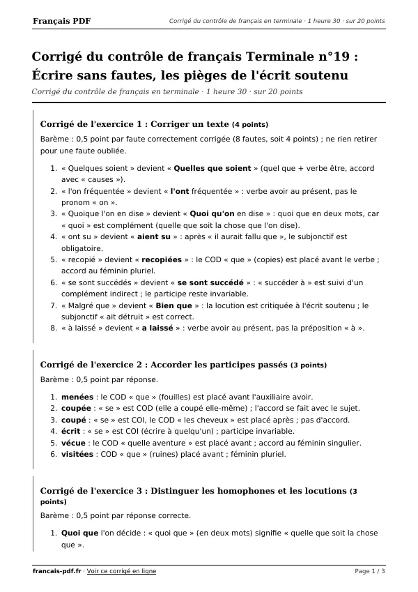 Corrigé du contrôle de français Terminale n°19 en PDF