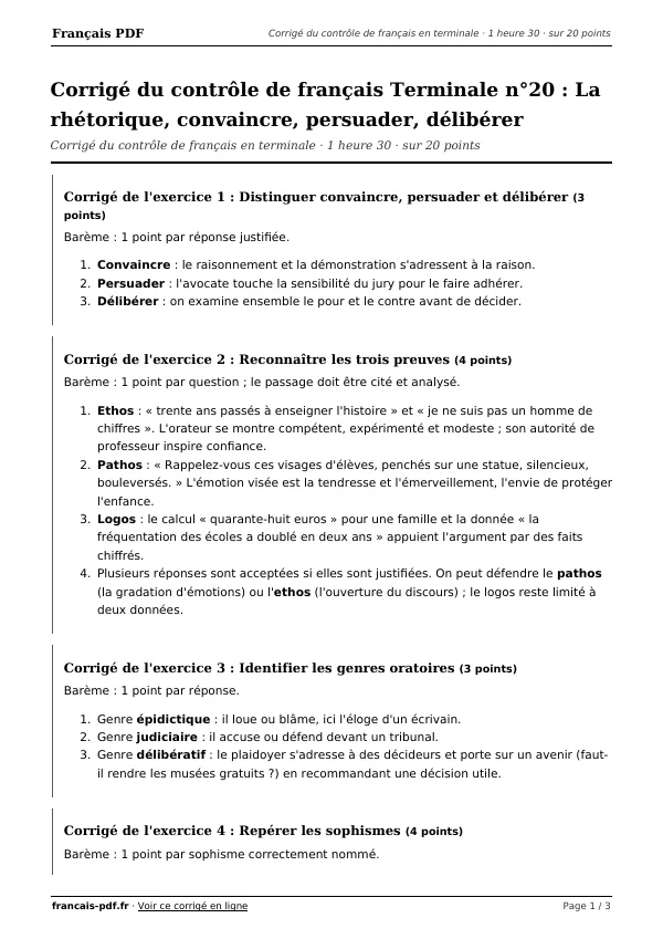 Corrigé du contrôle de français Terminale n°20 en PDF