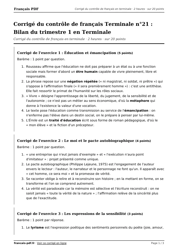 Corrigé du contrôle de français Terminale n°21 en PDF