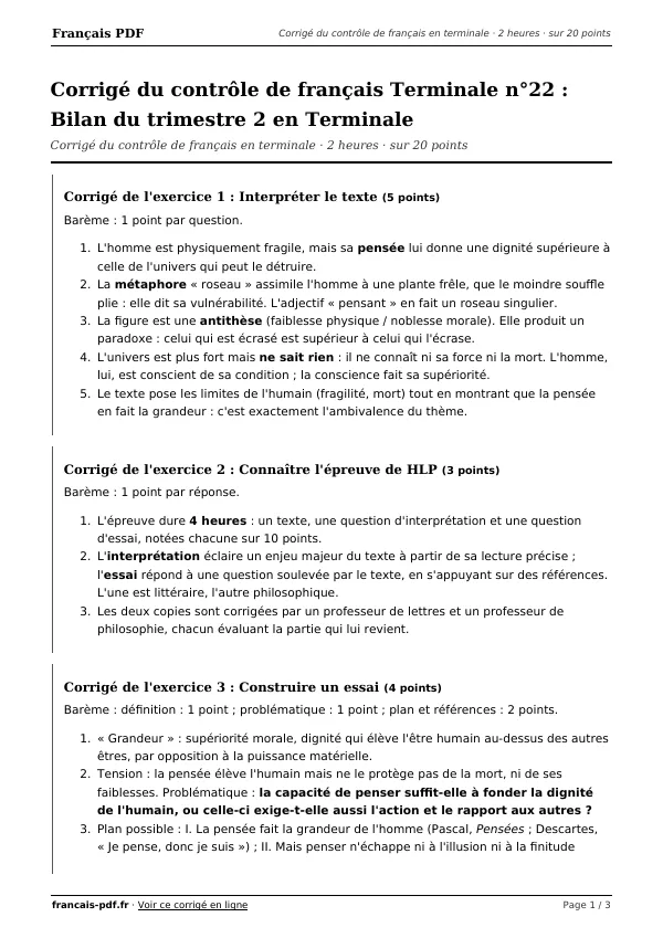 Corrigé du contrôle de français Terminale n°22 en PDF