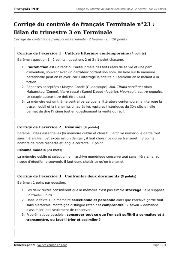 Corrigé du contrôle de français Terminale n°23 en PDF