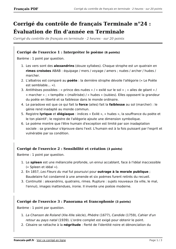 Corrigé du contrôle de français Terminale n°24 en PDF