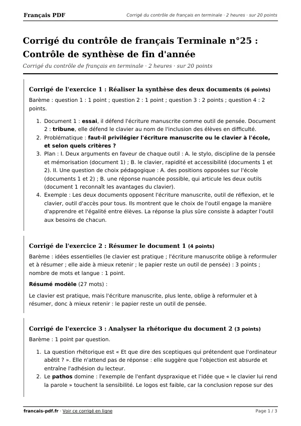 Corrigé du contrôle de français Terminale n°25 en PDF
