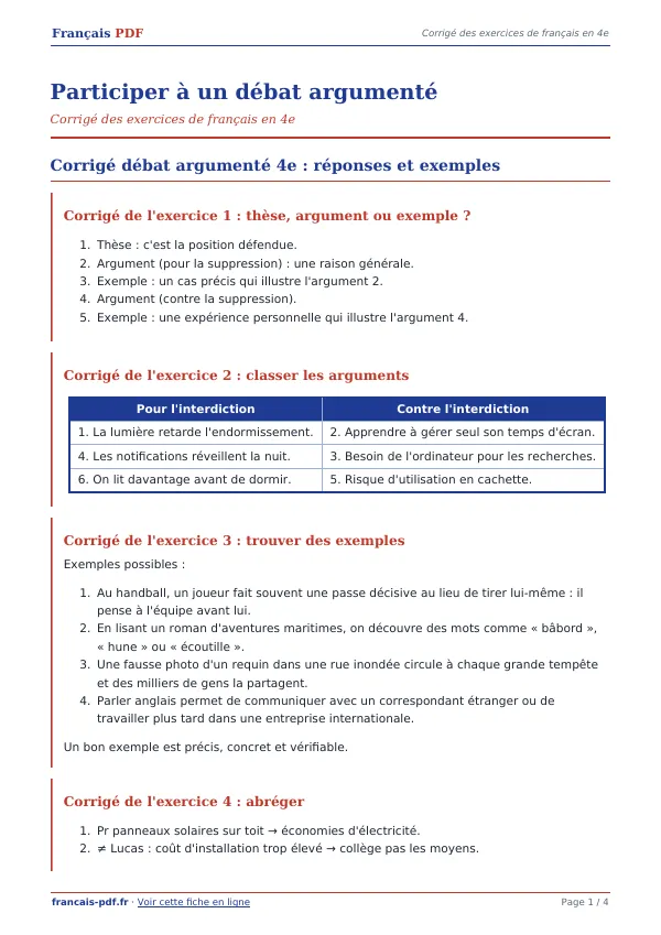 Corrigé « Participer à un débat argumenté » en PDF
