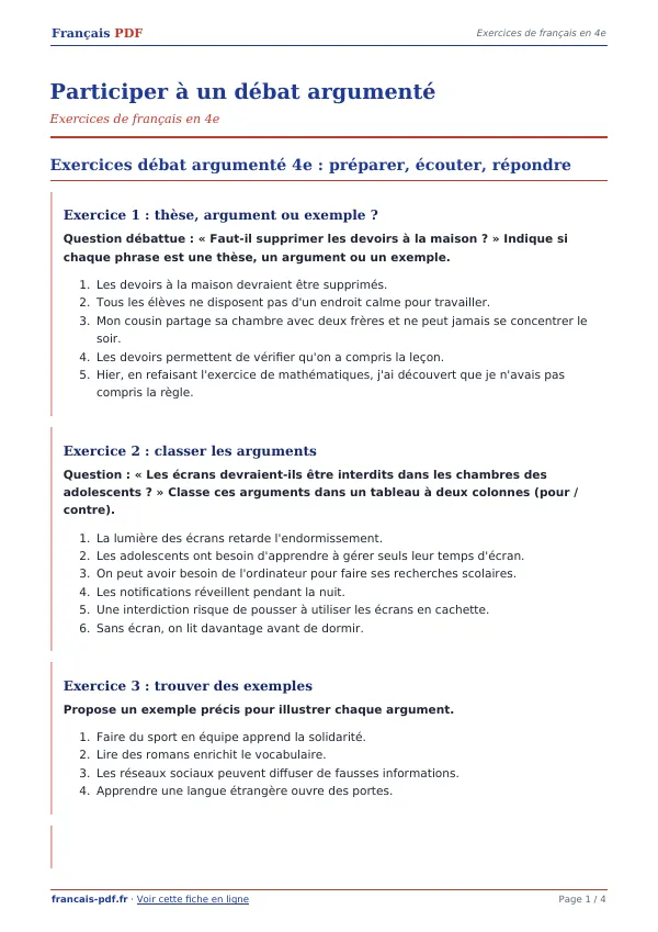 Exercices « Participer à un débat argumenté » en PDF