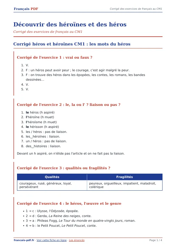 Corrigé « Découvrir des héroïnes et des héros » en PDF