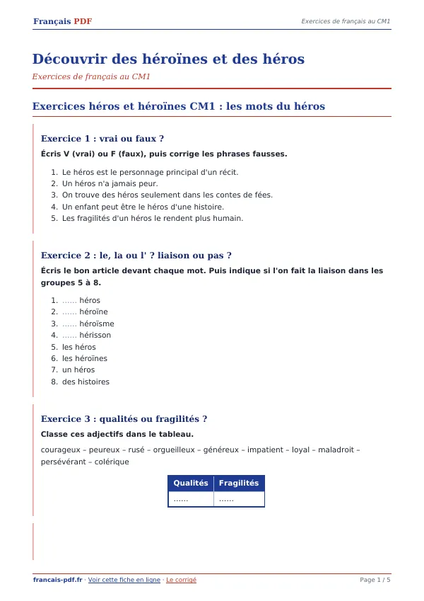 Exercices « Découvrir des héroïnes et des héros » en PDF
