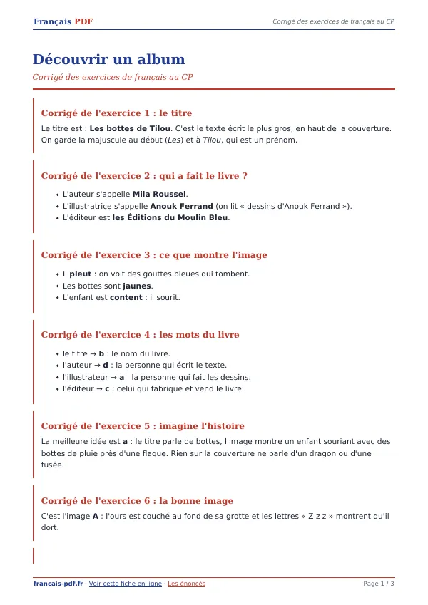 Corrigé « Découvrir un album » en PDF