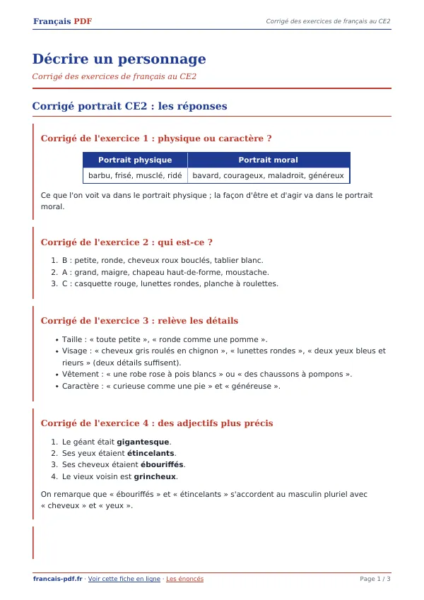 Corrigé « Décrire un personnage » en PDF