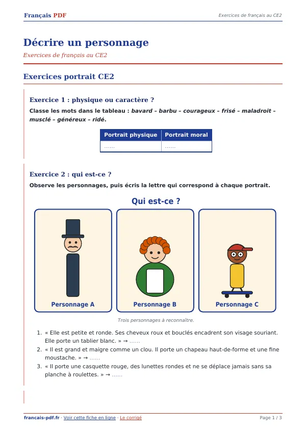Exercices « Décrire un personnage » en PDF