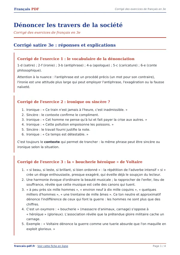 Corrigé « Dénoncer les travers de la société » en PDF