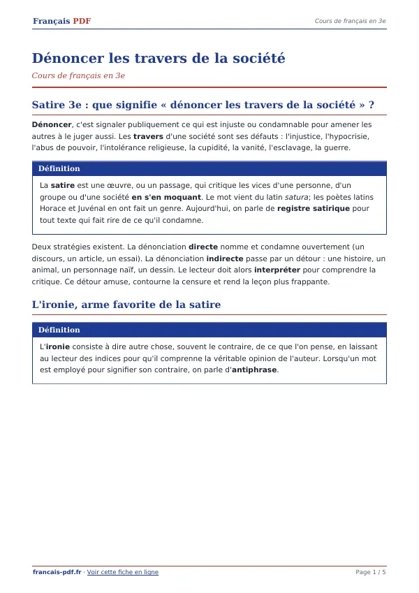 Cours « Dénoncer les travers de la société » en PDF