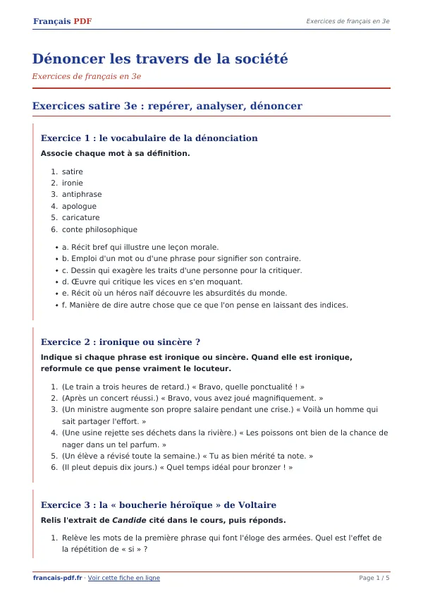 Exercices « Dénoncer les travers de la société » en PDF