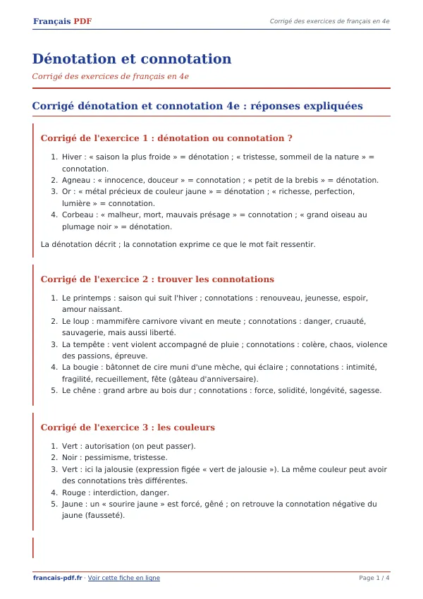 Corrigé « Dénotation et connotation » en PDF