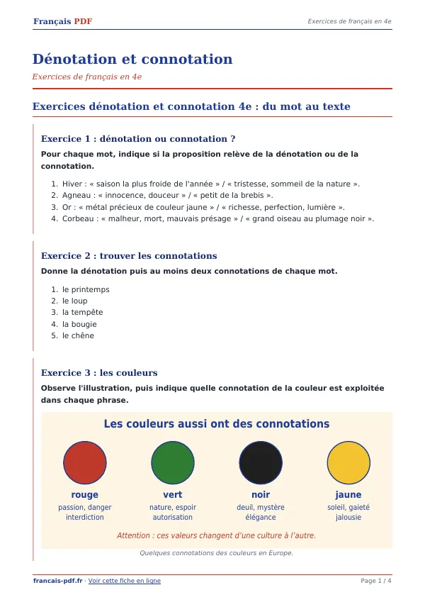 Exercices « Dénotation et connotation » en PDF