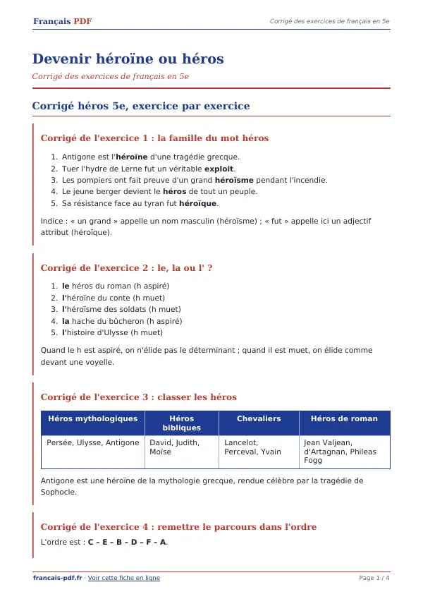 Corrigé « Devenir héroïne ou héros » en PDF