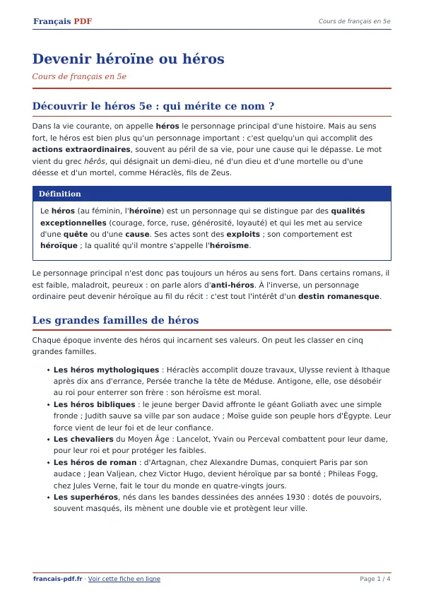Cours « Devenir héroïne ou héros » en PDF