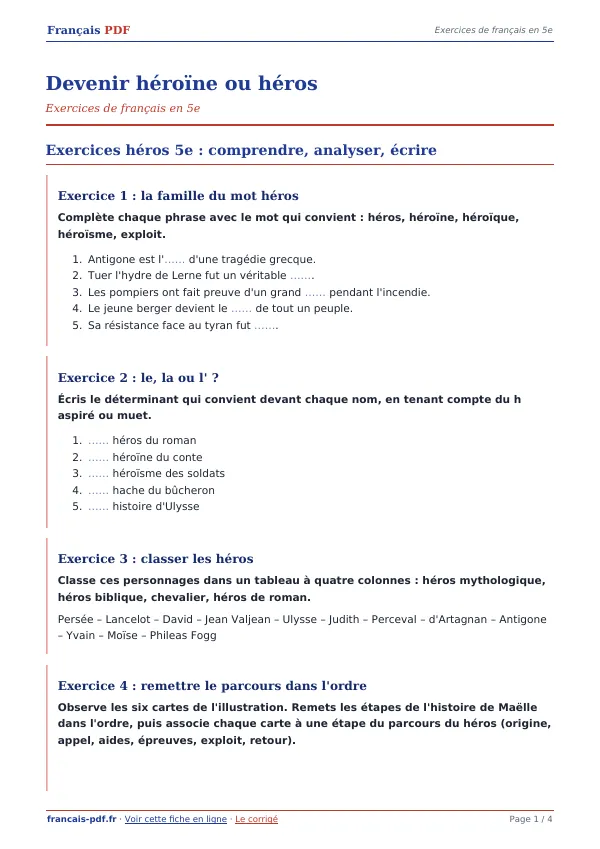 Exercices « Devenir héroïne ou héros » en PDF