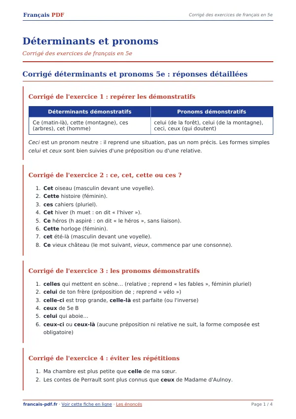 Corrigé « Déterminants et pronoms » en PDF