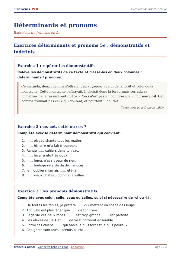 Exercices « Déterminants et pronoms » en PDF