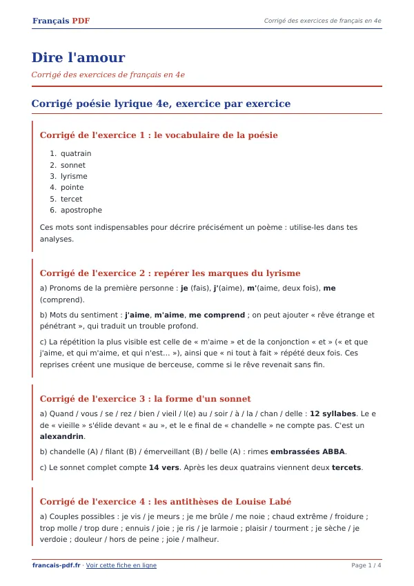 Corrigé « Dire l’amour » en PDF